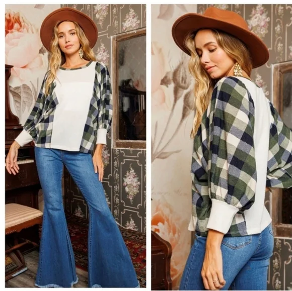 Boho Check Pattern Color Block Balloon Sleeve Top - Picture 2 of 4